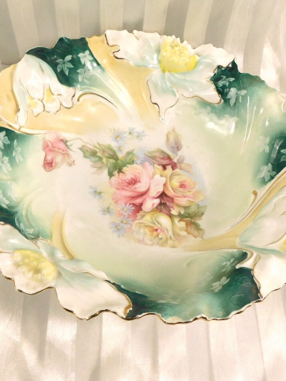 Unmarked Shaped Porcelain Large Bowl with Flower Details # 26712